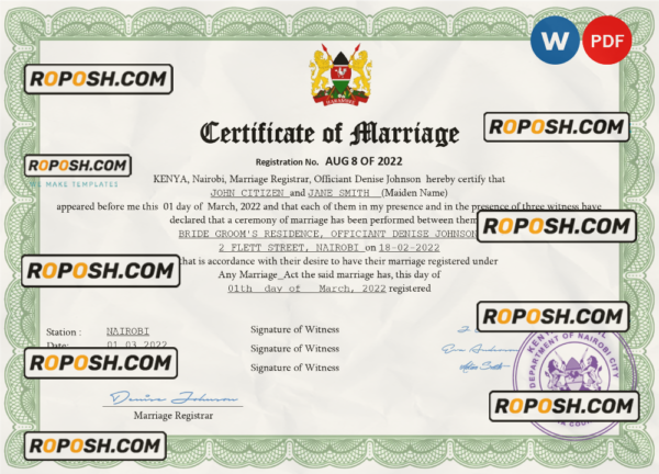 Kenya marriage certificate Word and PDF template, completely editable scan effect