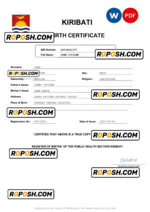 Kiribati birth certificate Word and PDF template, completely editable