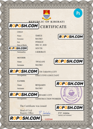 Kiribati vital record birth certificate PSD template