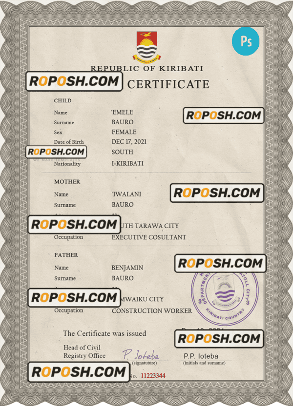 Kiribati vital record birth certificate PSD template