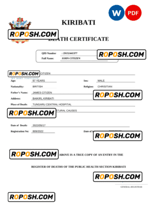 Kiribati vital record death certificate Word and PDF template