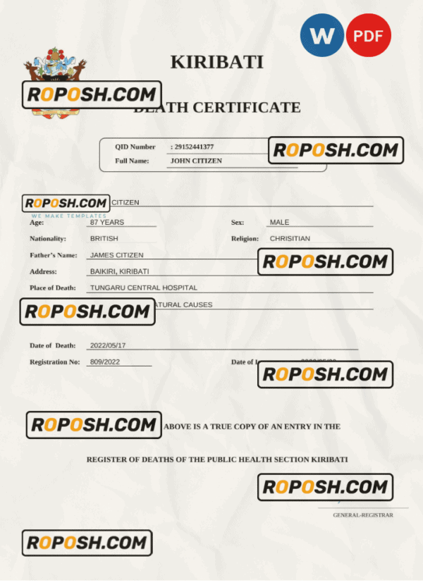 Kiribati vital record death certificate Word and PDF template