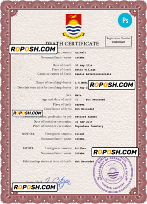 Kiribati death certificate PSD template, completely editable