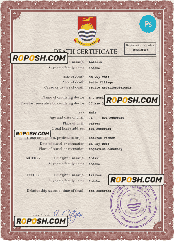 Kiribati death certificate PSD template, completely editable