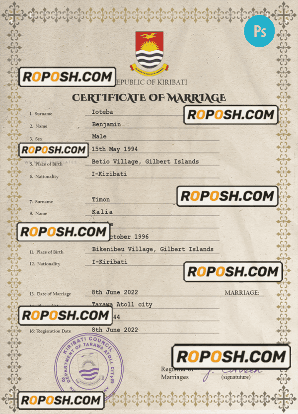 Kiribati marriage certificate PSD template, fully editable