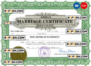 Kiribati marriage certificate Word and PDF template, fully editable