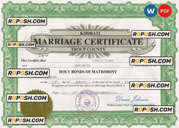 Kiribati marriage certificate Word and PDF template, fully editable