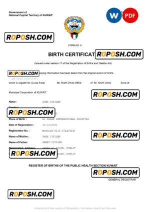 Kuwait vital record birth certificate Word and PDF template, completely editable