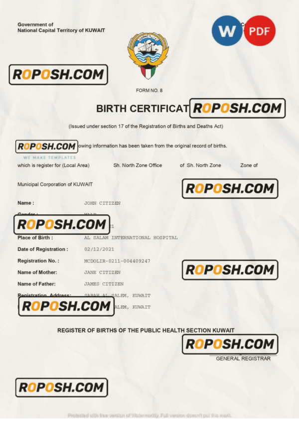 Kuwait vital record birth certificate Word and PDF template, completely editable
