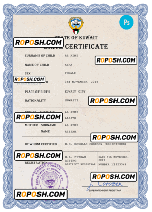 Kuwait vital record birth certificate PSD template, completely editable
