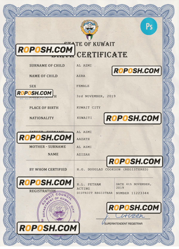 Kuwait vital record birth certificate PSD template, completely editable