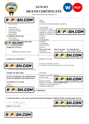 Kuwait death certificate Word and PDF template, completely editable