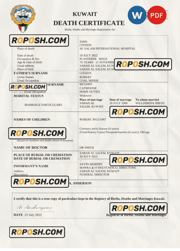 Kuwait death certificate Word and PDF template, completely editable