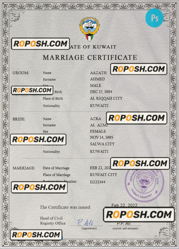 Kuwait marriage certificate PSD template, completely editable scan effect