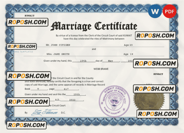 Kuwait marriage certificate Word and PDF template, completely editable