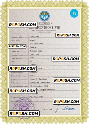 Kyrgyzstan vital record birth certificate PSD template