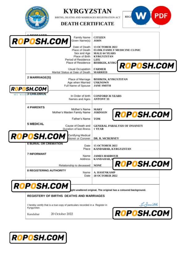Kyrgyzstan death certificate Word and PDF template, completely editable