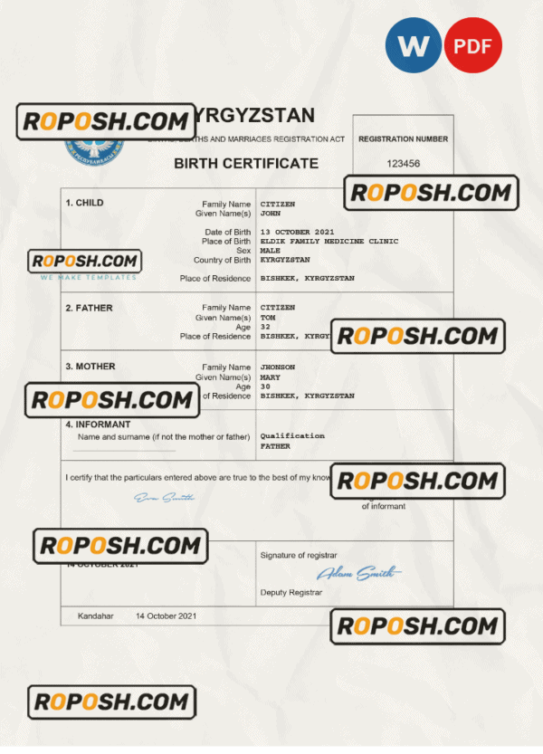 Kyrgyzstan birth certificate Word and PDF template, completely editable