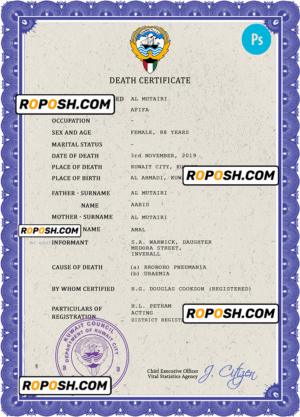 Kyrgyzstan death certificate PSD template, completely editable