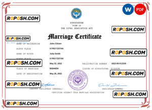 Kyrgyzstan marriage certificate Word and PDF template, fully editable