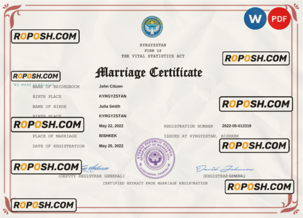 Kyrgyzstan marriage certificate Word and PDF template, fully editable scan effect