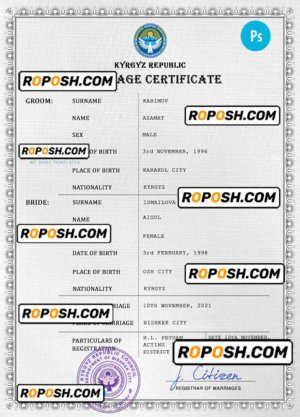 Kyrgyzstan marriage certificate PSD template, fully editable