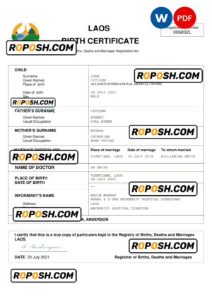 Laos birth certificate Word and PDF template, completely editable