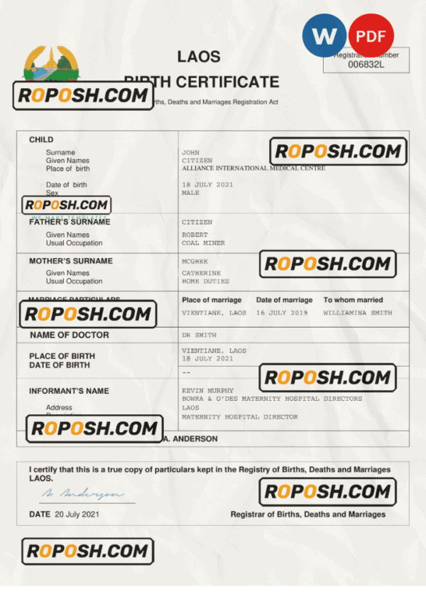 Laos birth certificate Word and PDF template, completely editable