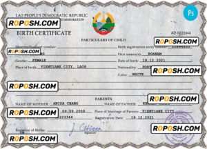 Laos birth certificate PSD template, completely editable