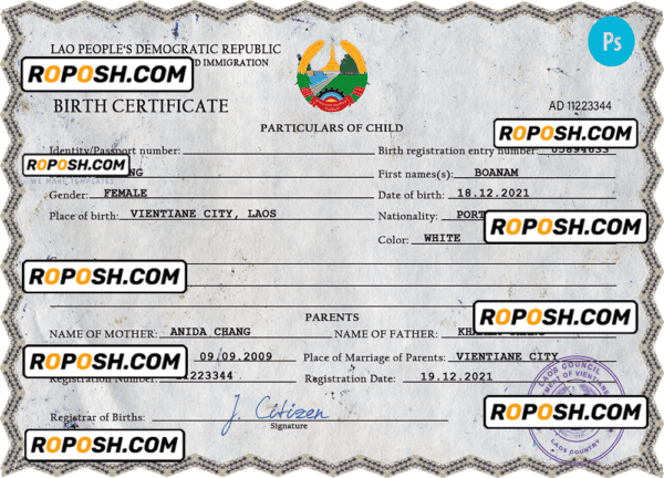 Laos birth certificate PSD template, completely editable