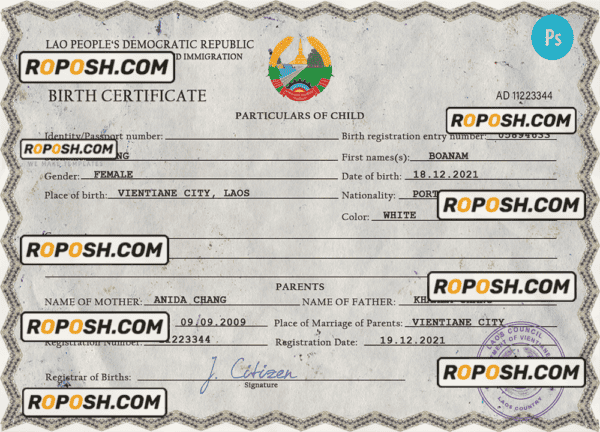 Laos birth certificate PSD template, completely editable