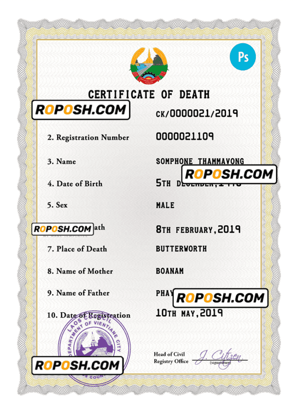 Laos vital record death certificate PSD template, fully editable