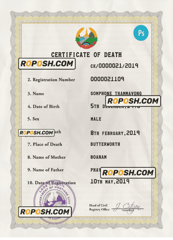 Laos vital record death certificate PSD template, fully editable