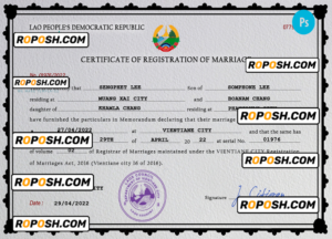 Laos marriage certificate PSD template, completely editable