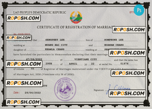 Laos marriage certificate PSD template, completely editable scan effect