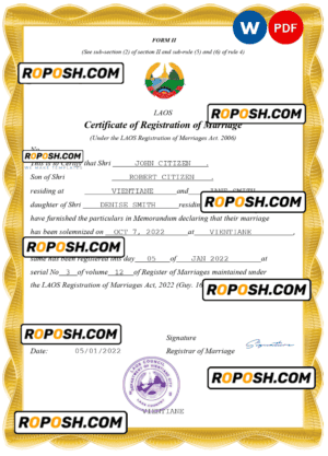 Laos marriage certificate Word and PDF template, completely editable