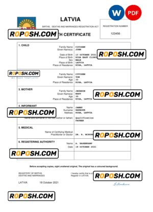 Latvia vital record birth certificate Word and PDF template, completely editable
