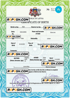 Latvia vital record birth certificate PSD template, fully editable