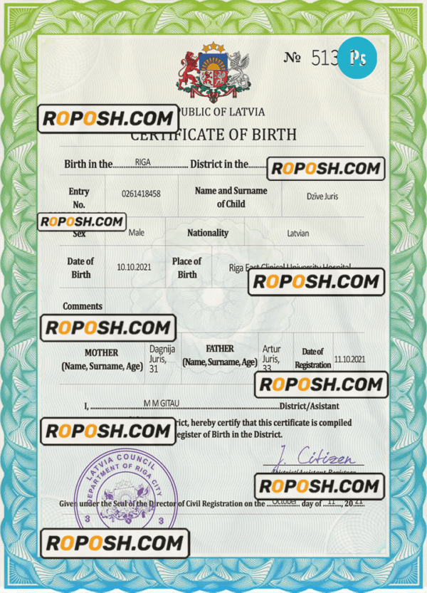 Latvia vital record birth certificate PSD template, fully editable