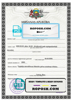 Latvia death certificate template in PSD format, fully editable