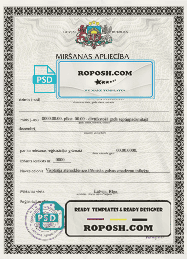 Latvia death certificate template in PSD format, fully editable
