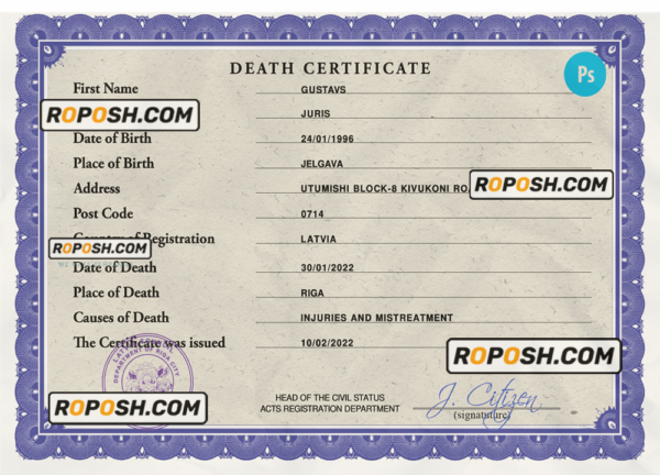 Latvia death certificate PSD template, completely editable scan effect