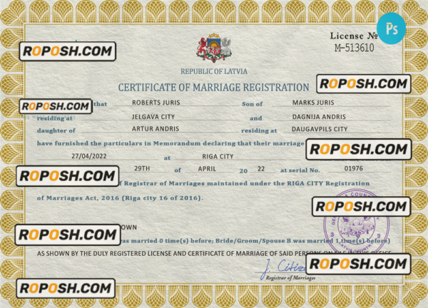 Latvia marriage certificate PSD template, fully editable scan effect