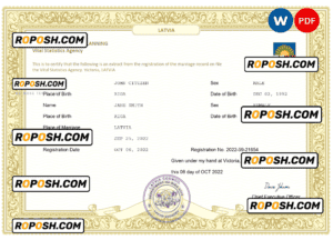 Latvia marriage certificate Word and PDF template, fully editable