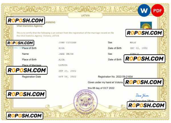 Latvia marriage certificate Word and PDF template, fully editable