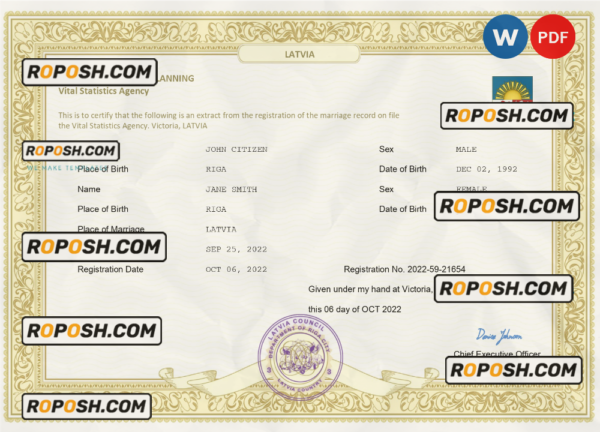 Latvia marriage certificate Word and PDF template, fully editable scan effect