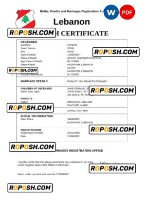 Lebanon death certificate Word and PDF template, completely editable