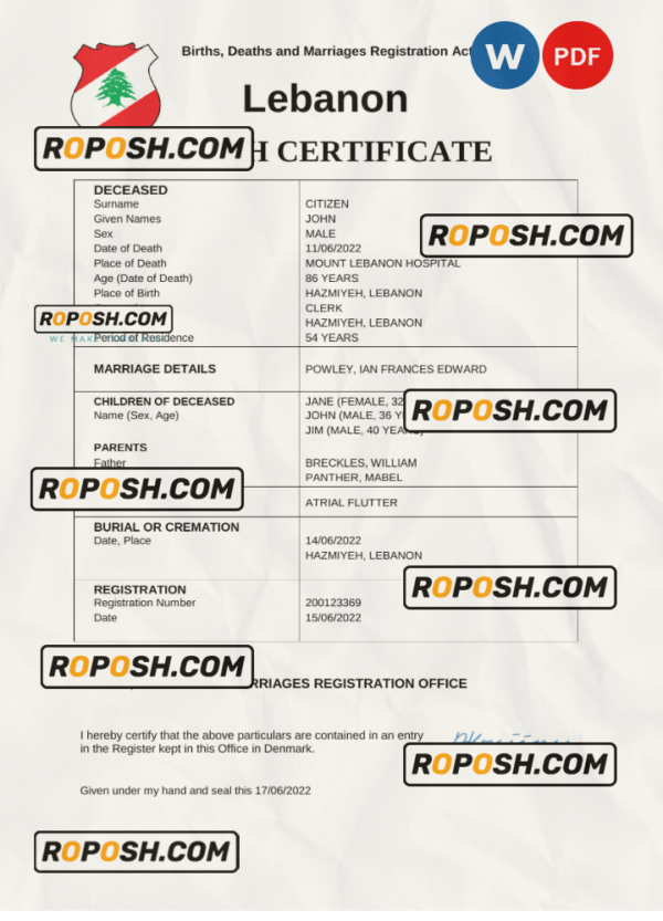 Lebanon death certificate Word and PDF template, completely editable scan effect