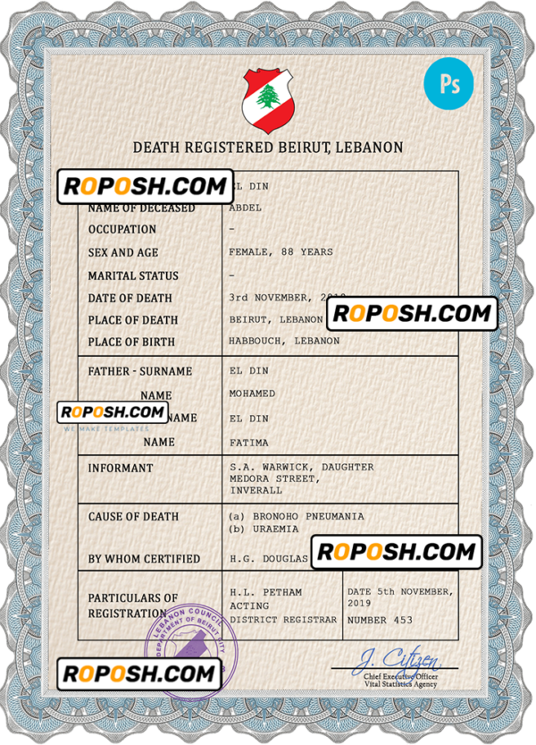 Lebanon vital record death certificate PSD template, completely editable