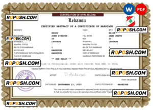 Lebanon marriage certificate Word and PDF template, completely editable